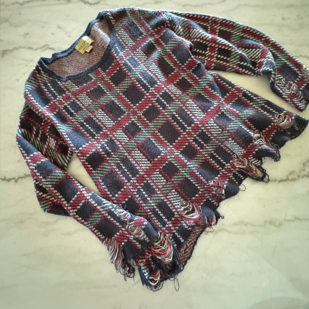 Wildfox White Label Lennon Distressed Plaid Sweater Small Wool Oversized Boho - Picture 2 of 14